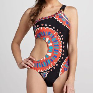 Trina Turk Black and Red One-Piece Swimsuit with Geometric Design